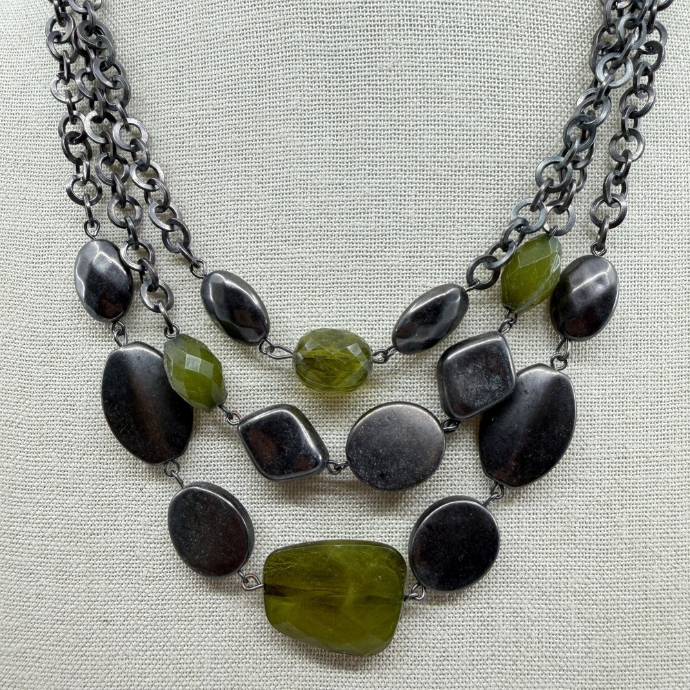 Green Faceted Bead Silver Tone Multi Strand Chunky Statement Bib Necklace Boho